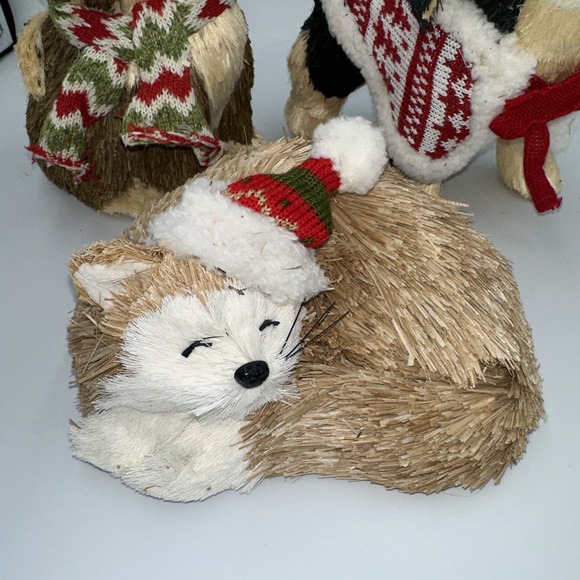 Christmas Dog Fox  Brown White Pier One Rustic Woodland Sisal  Set Of 3 - Picture 2 of 10